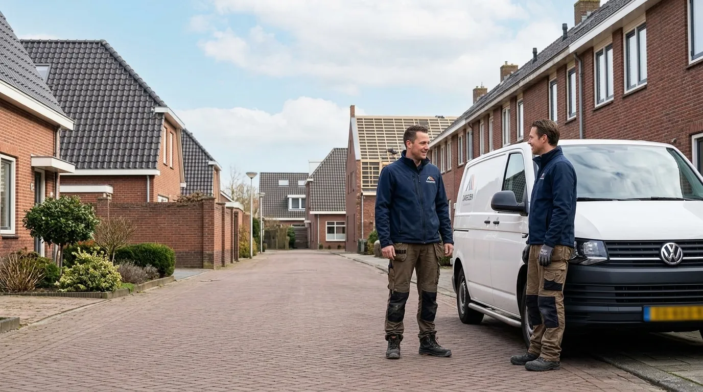 Gecertificeerde dakdekkers van Dakhelden aan het werk op een hellend pannendak