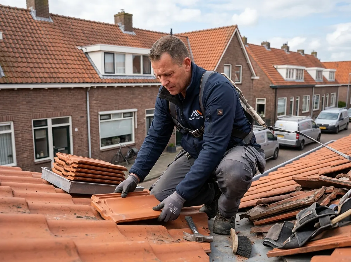 Vakman van Dakhelden die een pannendak herstelt en een inspectie uitvoert